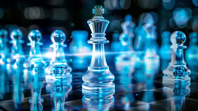 Kristallklare Schachfiguren im blauen Licht