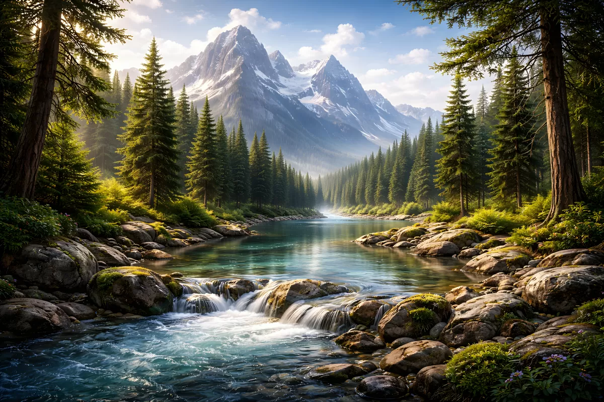 Kristallklarer Gebirgsfluss im Nadelwald mit Bergpanorama