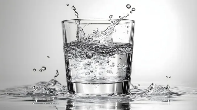 Kristallklares Wasser in Glasgefäß mit Spritzern