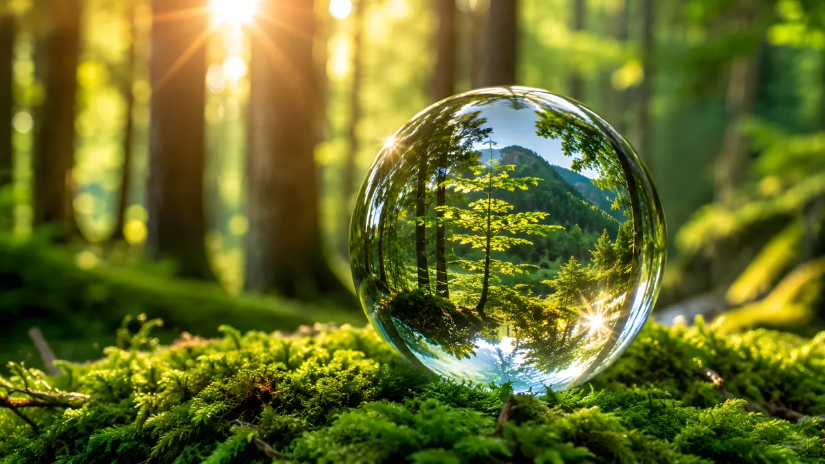 Kristallkugel im Wald mit Sonnenstrahlen und Moos