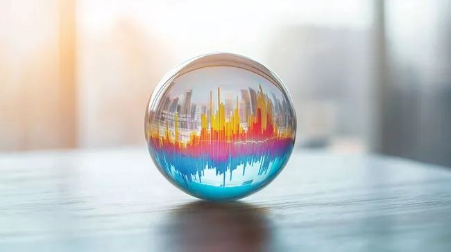 Kristallkugel mit bunter Stadtlandschaft auf Holztisch