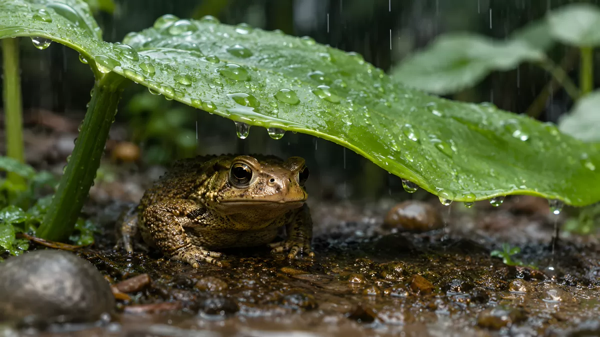 Kröte sucht Schutz unter Blatt im Regenwald