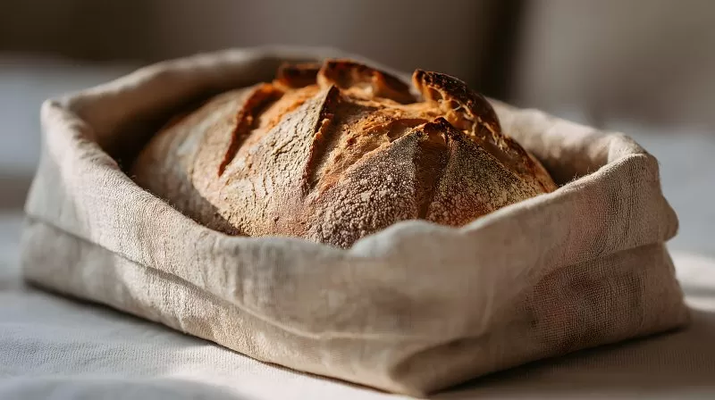 Krustiges Sauerteigbrot im Stoffkorb bei Sonnenlicht