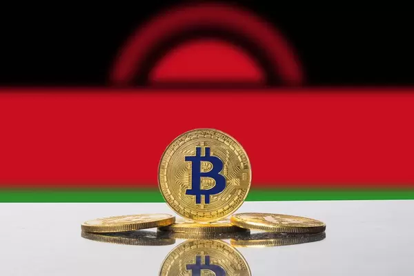Kryptowährung Bitcoin vor der Flagge des afrikanischen Staates Malawi