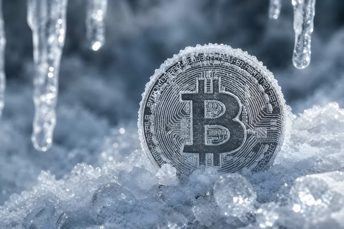 Kryptowinter & Kurseinbruch: Bitcoin-Münze im Eis