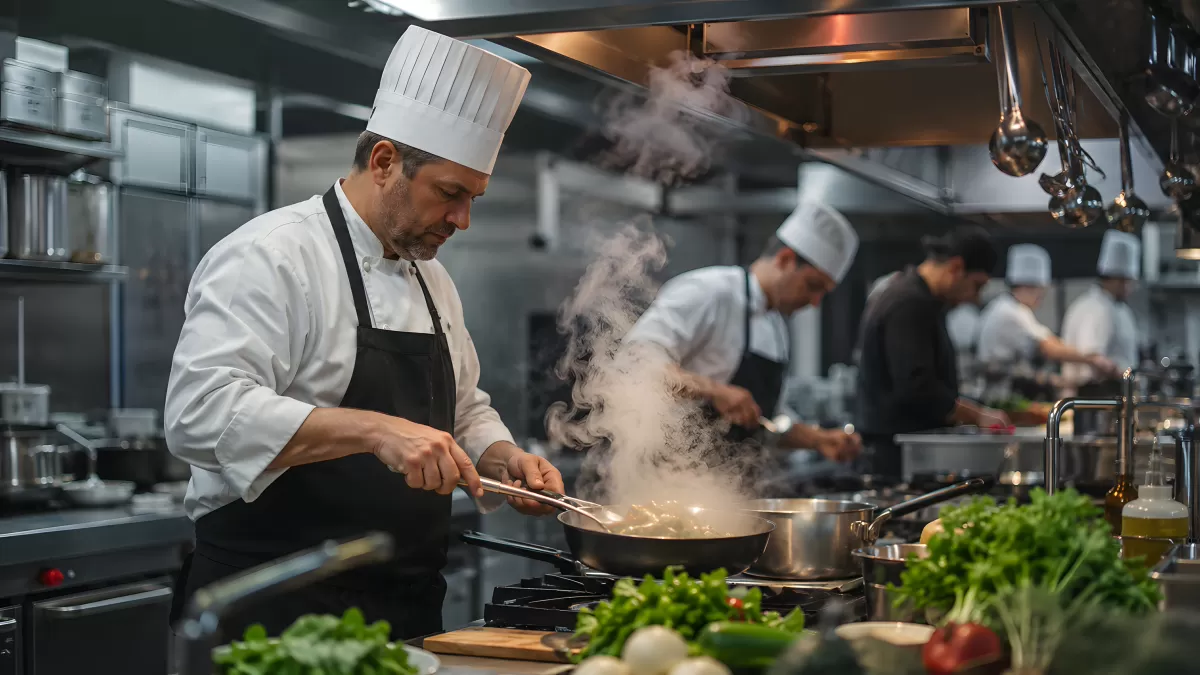 Küchenchef bereitet Gericht in Profiküche zu