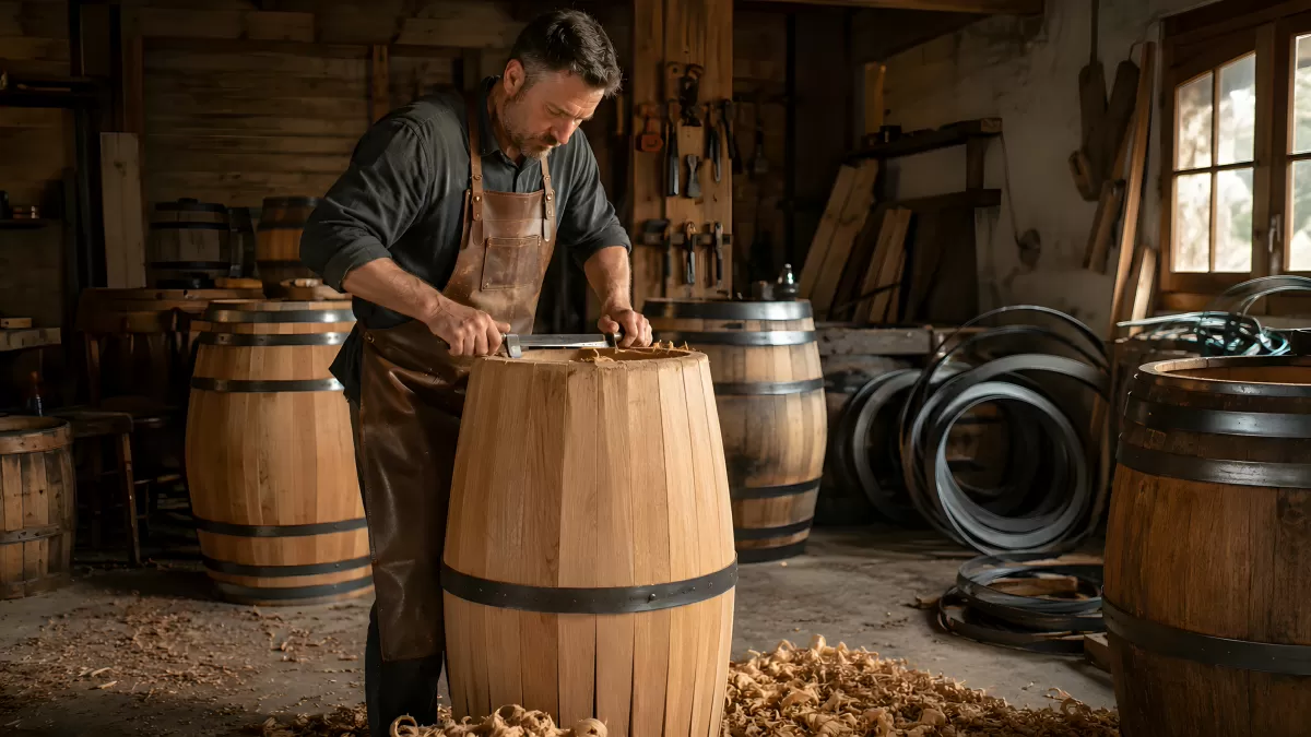 Küfer fertigt Holzfass in traditioneller Werkstatt