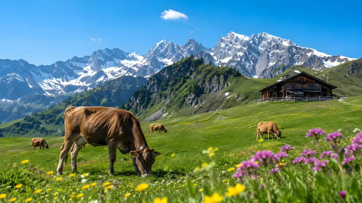Kühe auf Alpenwiese mit Bergpanorama im Sommer
