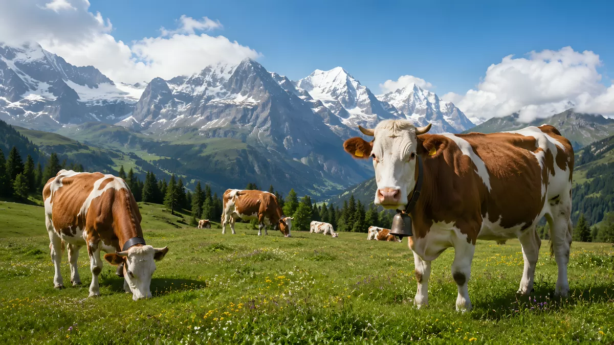 Kühe auf Alpenwiese mit schneebedeckten Bergen