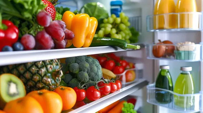 Kühlschrankinhalt mit frischem Obst und Gemüse