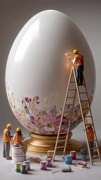 Künstler bemalen riesiges, detailreiches Osterei-Gemälde