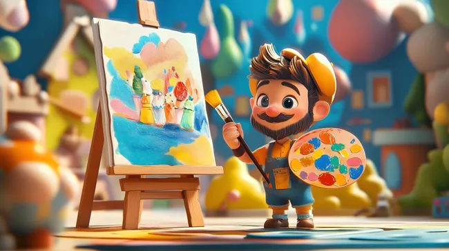 Künstler mit Malutensilien in farbenfroher Umgebung