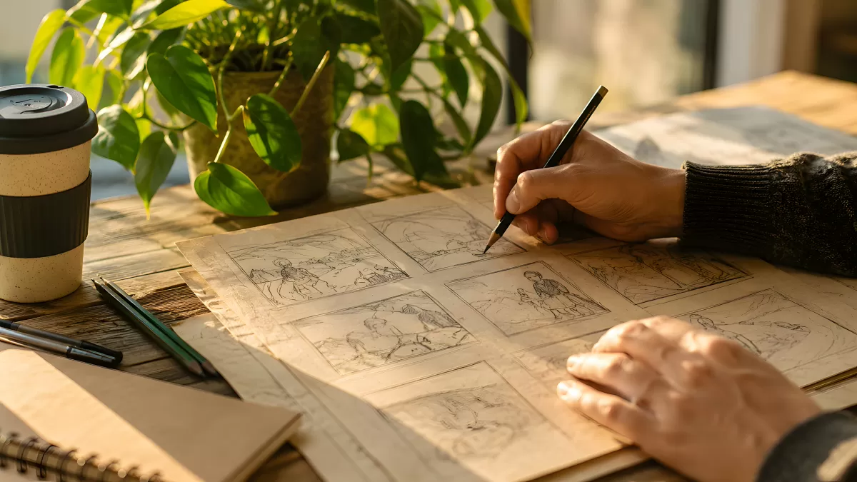 Künstler zeichnet Storyboard an warmem Holztisch