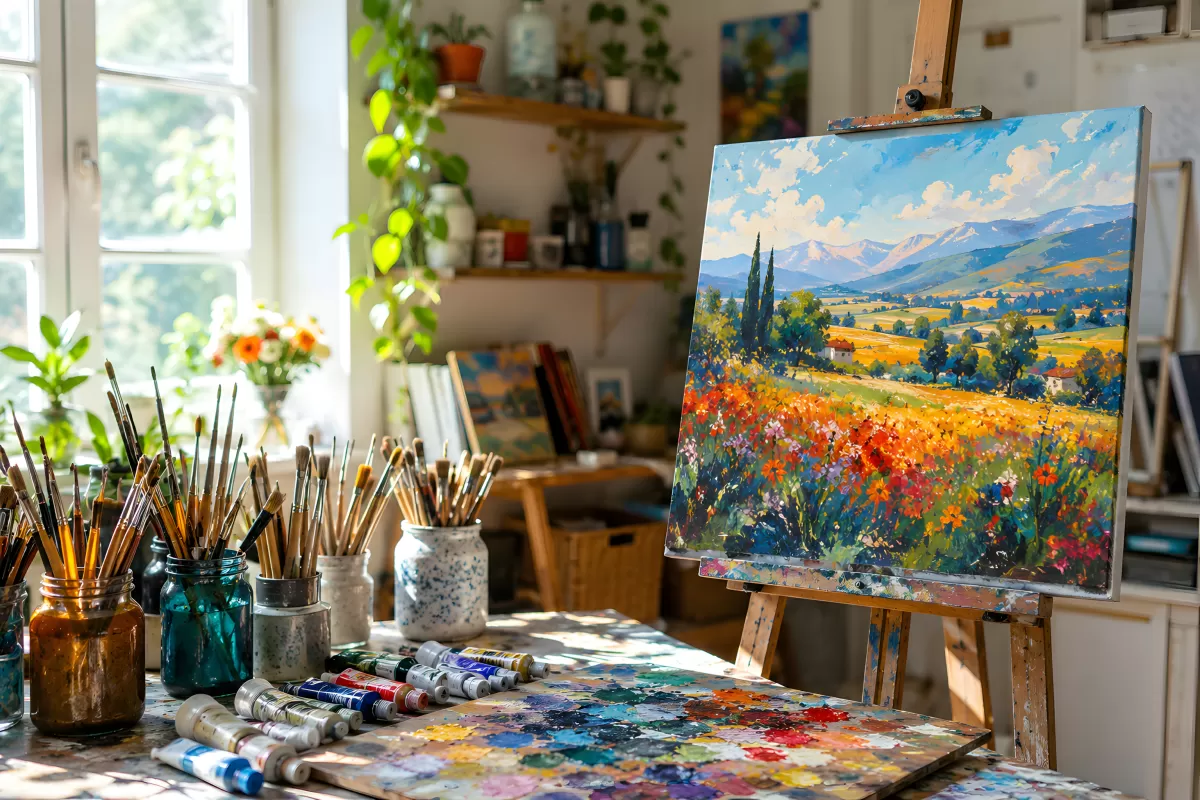 Künstleratelier mit Staffelei und Landschaftsgemälde