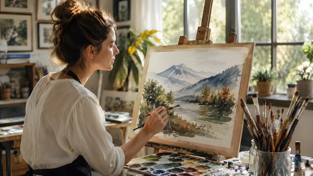 Künstlerin malt Aquarell-Landschaft im Atelier