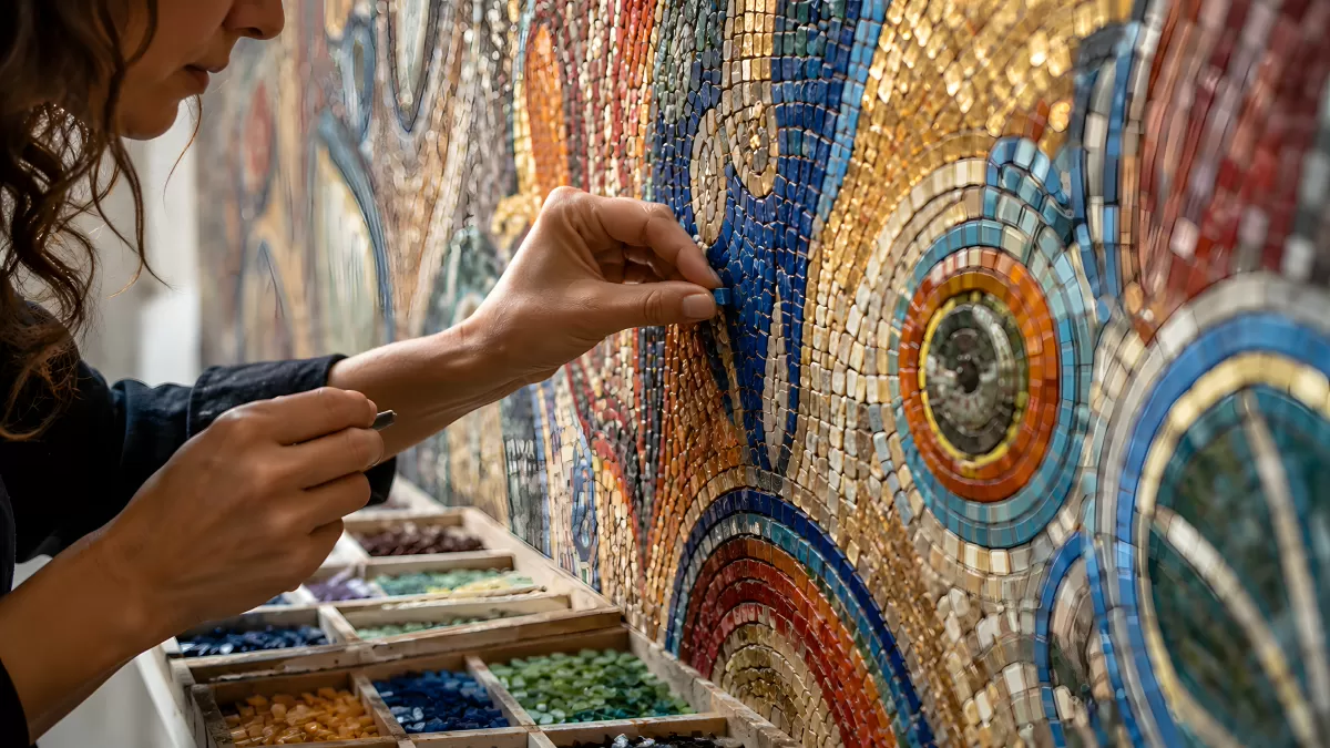 Künstlerin setzt bunte Mosaiksteine an großes Wandbild