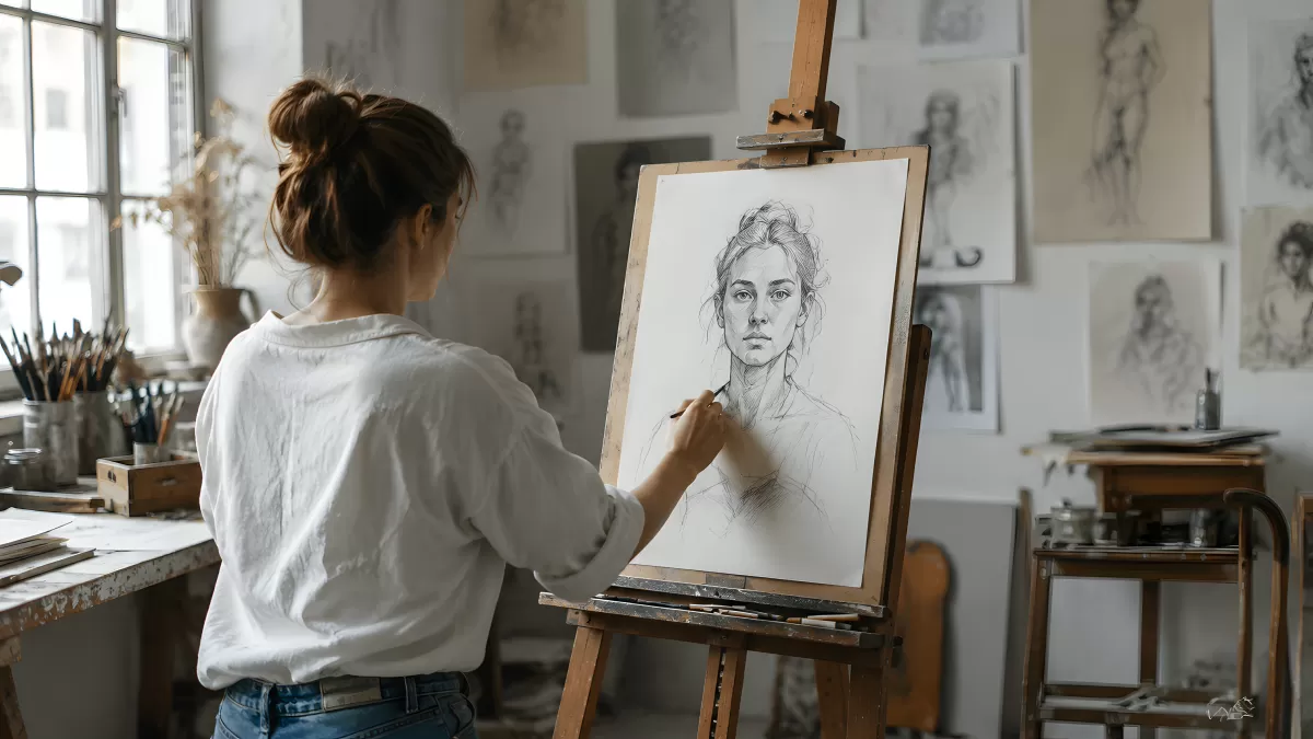 Künstlerin zeichnet Porträt im hellen Atelier