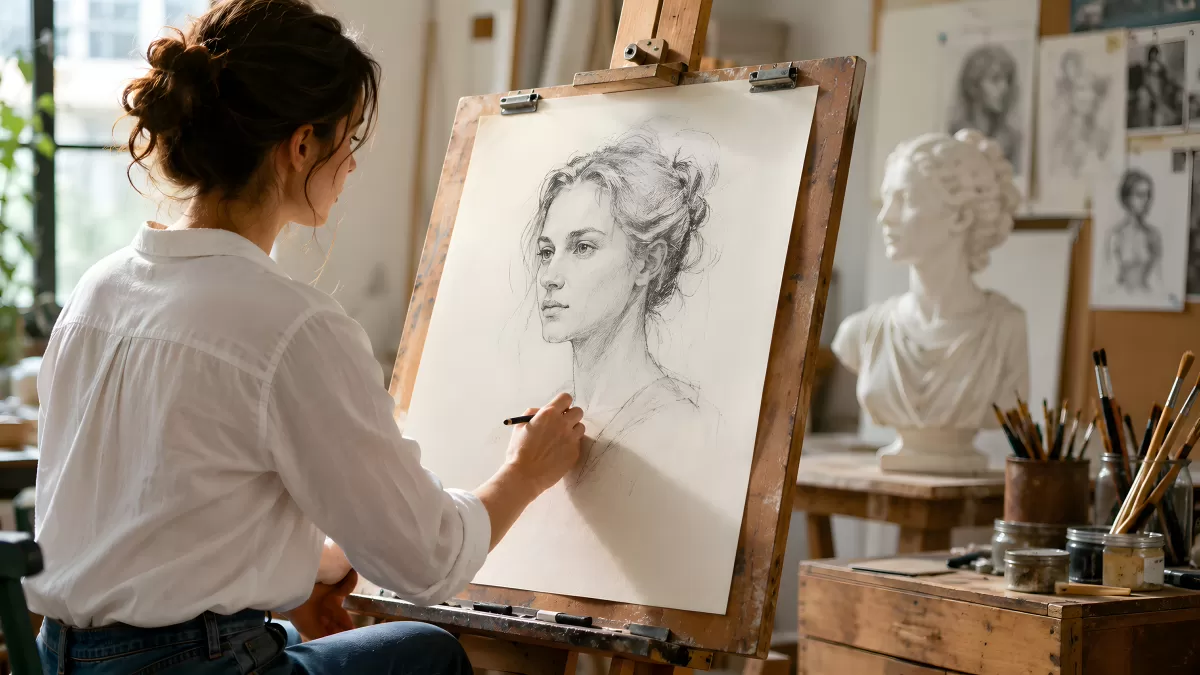 Künstlerin zeichnet Porträtstudie im Atelier