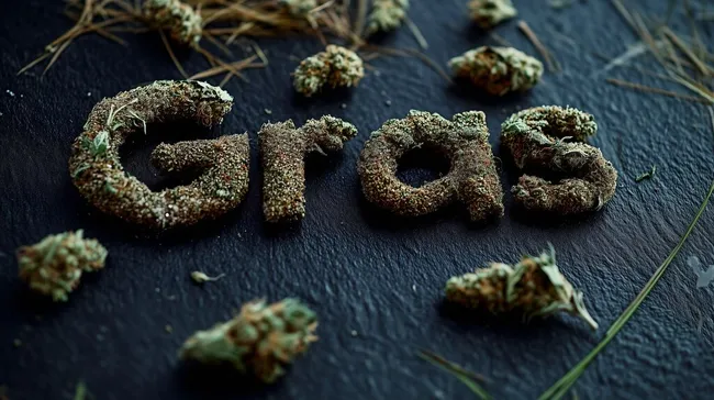 Künstlerisch arrangierter Marihuanakranz auf dunklem Hintergrund