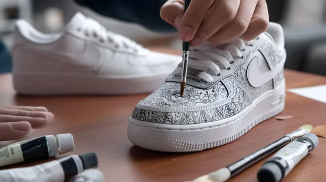 Künstlerisch bemalter Sneaker auf Holztisch