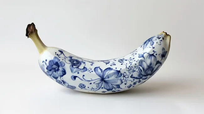 Künstlerisch verzierte Porzellanbanane mit blauem Blumenmuster
