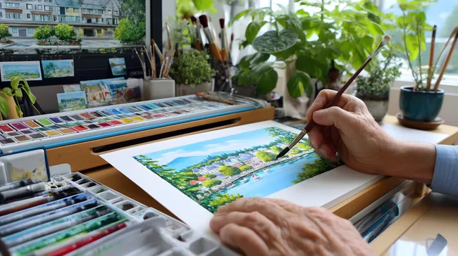 Künstlerische Aquarellmalerei am Fenster mit Blick auf Landschaft