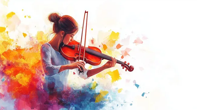 Künstlerische Violine-Darstellung mit buntem Aquarellhintergrund