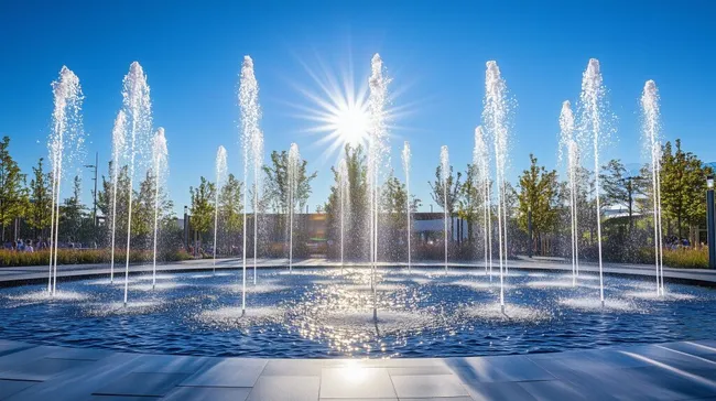 Künstlerische Wasserfontänen vor klarem Himmel