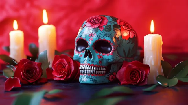 Künstlerischer Totenkopf vor roten Rosen und Kerzen