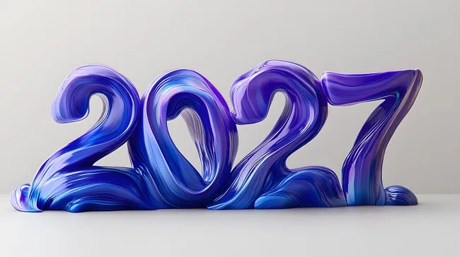 Künstlerisches 3D-Modell der Jahreszahl 2027 in lila und blau