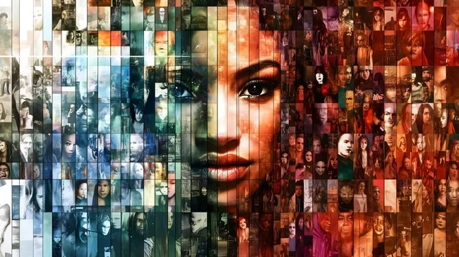 Künstlerisches Collage-Gesicht in leuchtenden Farben