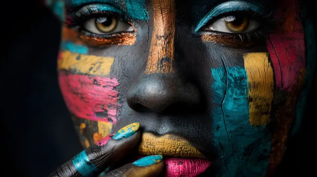 Künstlerisches Porträtfoto einer Frau mit bunter Körperkunst