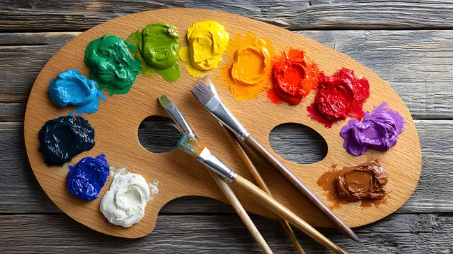 Künstlerpalette mit bunten Ölfarben und Pinseln