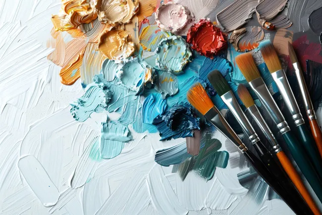 Künstlerpalette mit bunter Ölfarbe und Pinseln