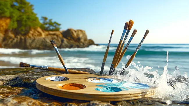 Künstlerpalette mit Pinsel am malerischen Meeresstrand