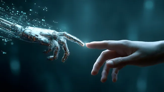 Künstliche Hand berührt menschlichen Finger