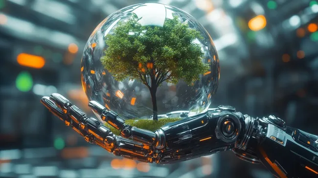 Künstliche Hand hält Glaskugel mit Baum - Technologiekonzept