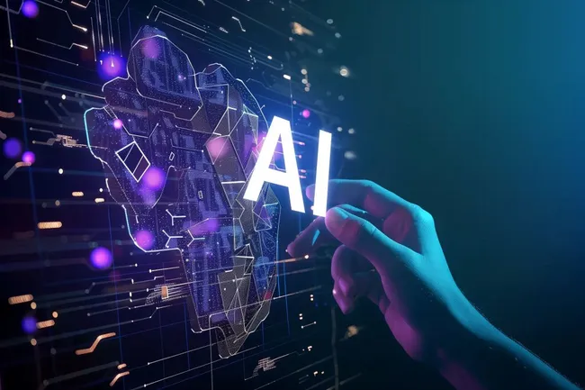 Künstliche Intelligenz-Konzept mit Hand berührt 'AI'