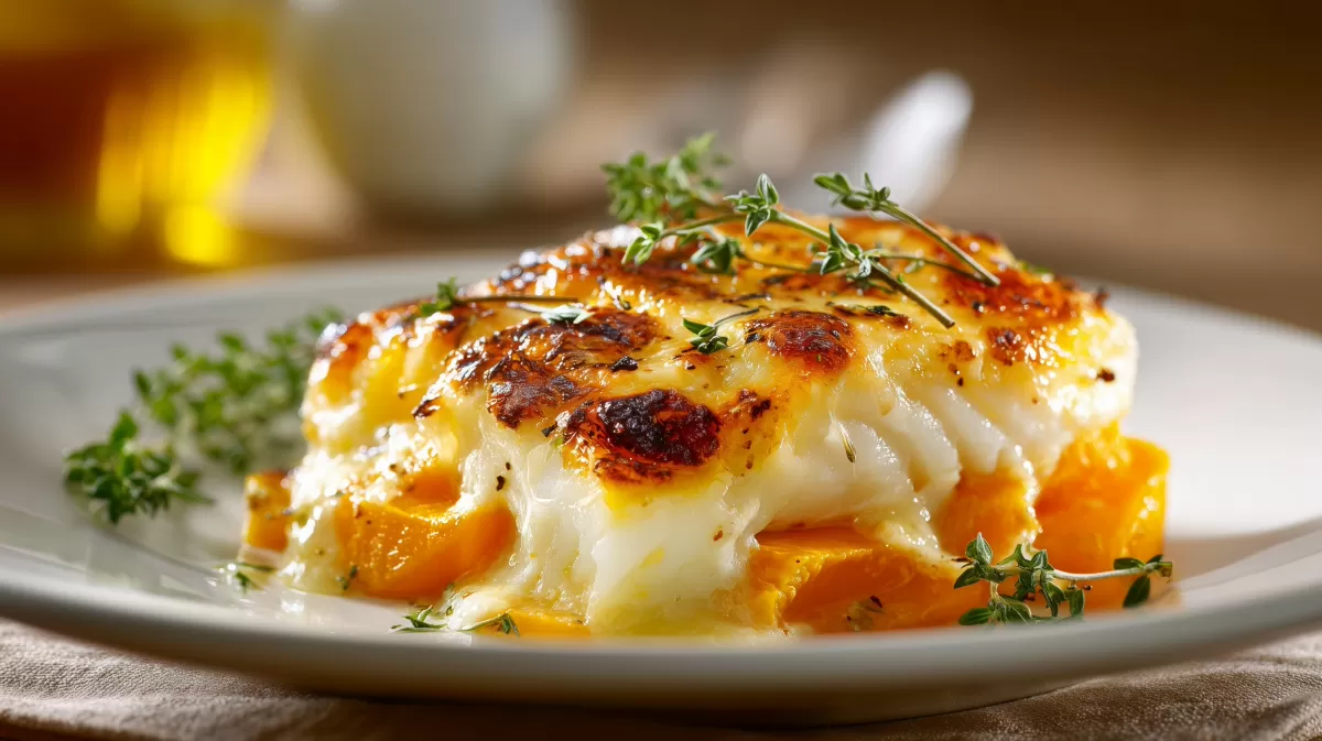 Kürbis Dorsch Gratin mit goldener Käsekruste
