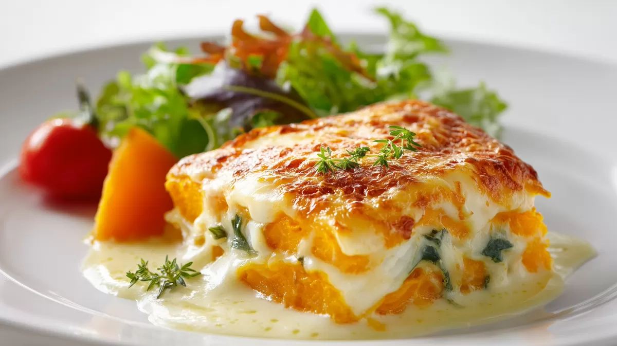 Kürbis Dorsch Gratin mit Käsekruste auf Teller