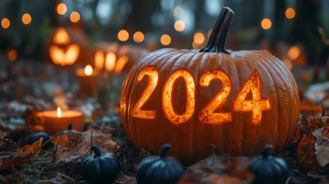 Kürbis mit Jahreszahl 2024 in herbstlicher Atmosphäre