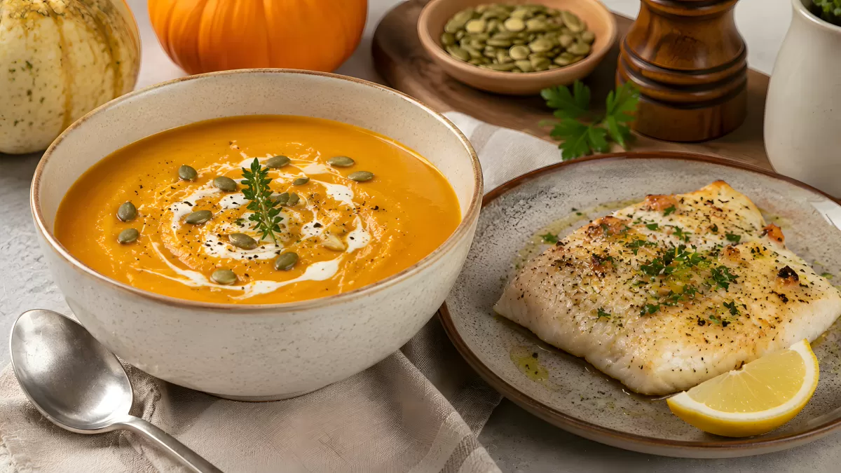 Kürbiscremesuppe mit Fischfilet und Zitrone