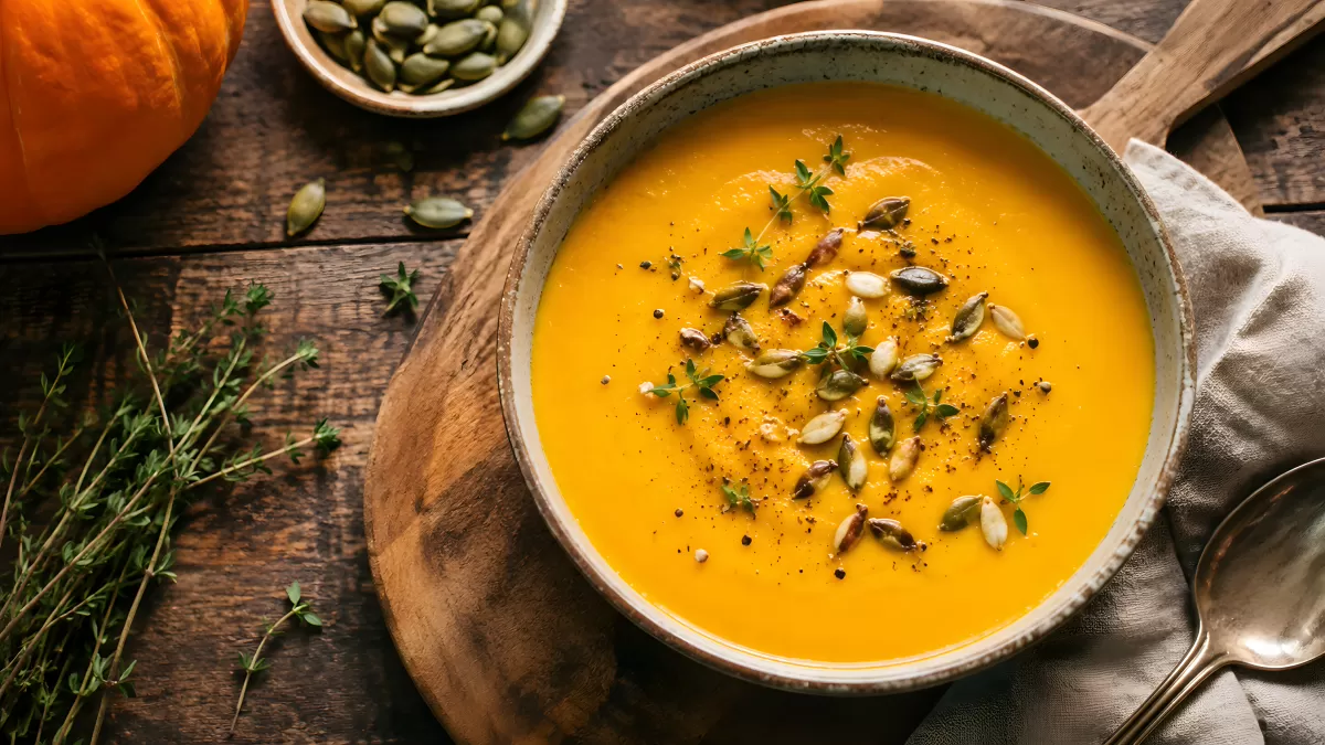 Kürbiscremesuppe mit Kernen und Thymian von oben