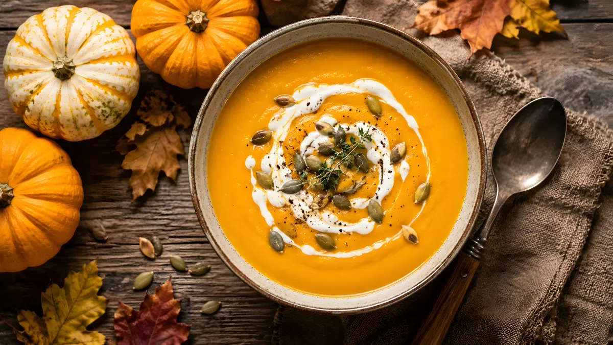 Kürbiscremesuppe mit Kürbiskernen von oben