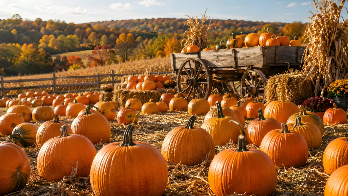 Kürbisfeld im Herbst mit Holzwagen und Strohballen