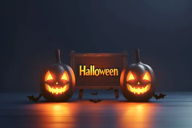 Kürbislaternen und Halloween-Schriftzug vor dunklem Hintergrund