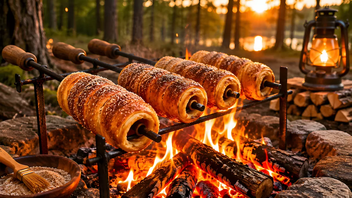 Kürtőskalács am Lagerfeuer im Abendlicht