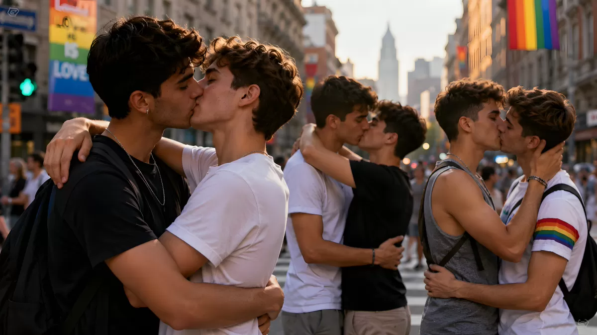 Küssende gleichgeschlechtliche Paare beim Pride