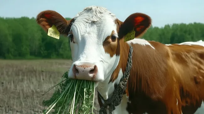 Kuh frisst frisches Gras auf Wiesenfeld