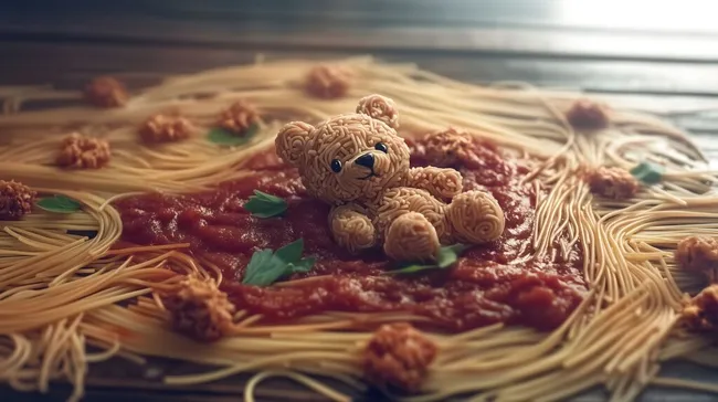 Kulinarischer Pasta-Teddy mit frischer Tomatensauce